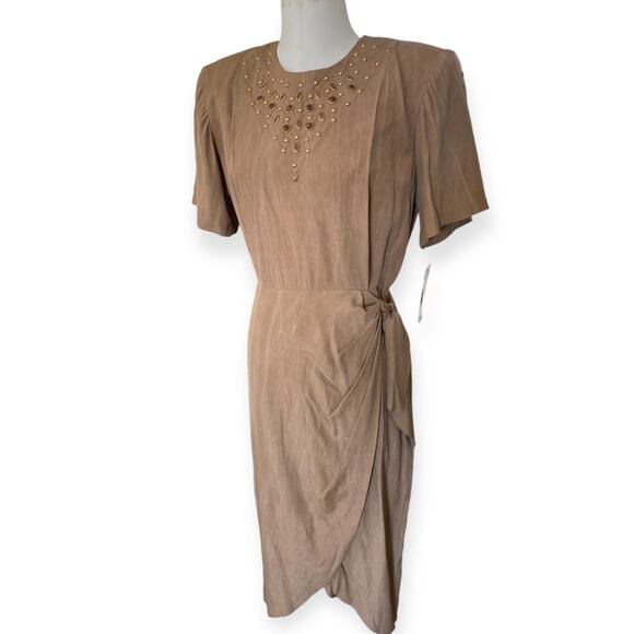 Vintage 80's Metal Beaded Studded Wrap Skirt Tulip Hem Tan Dress NWT size 11/12 - Picture 4 of 11